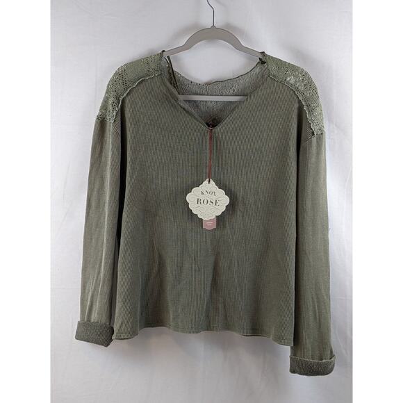 Knox Rose Thermal Lace Top Long Sleeve Green S Layer Boho Split V Neck Cuffed - Picture 5 of 9